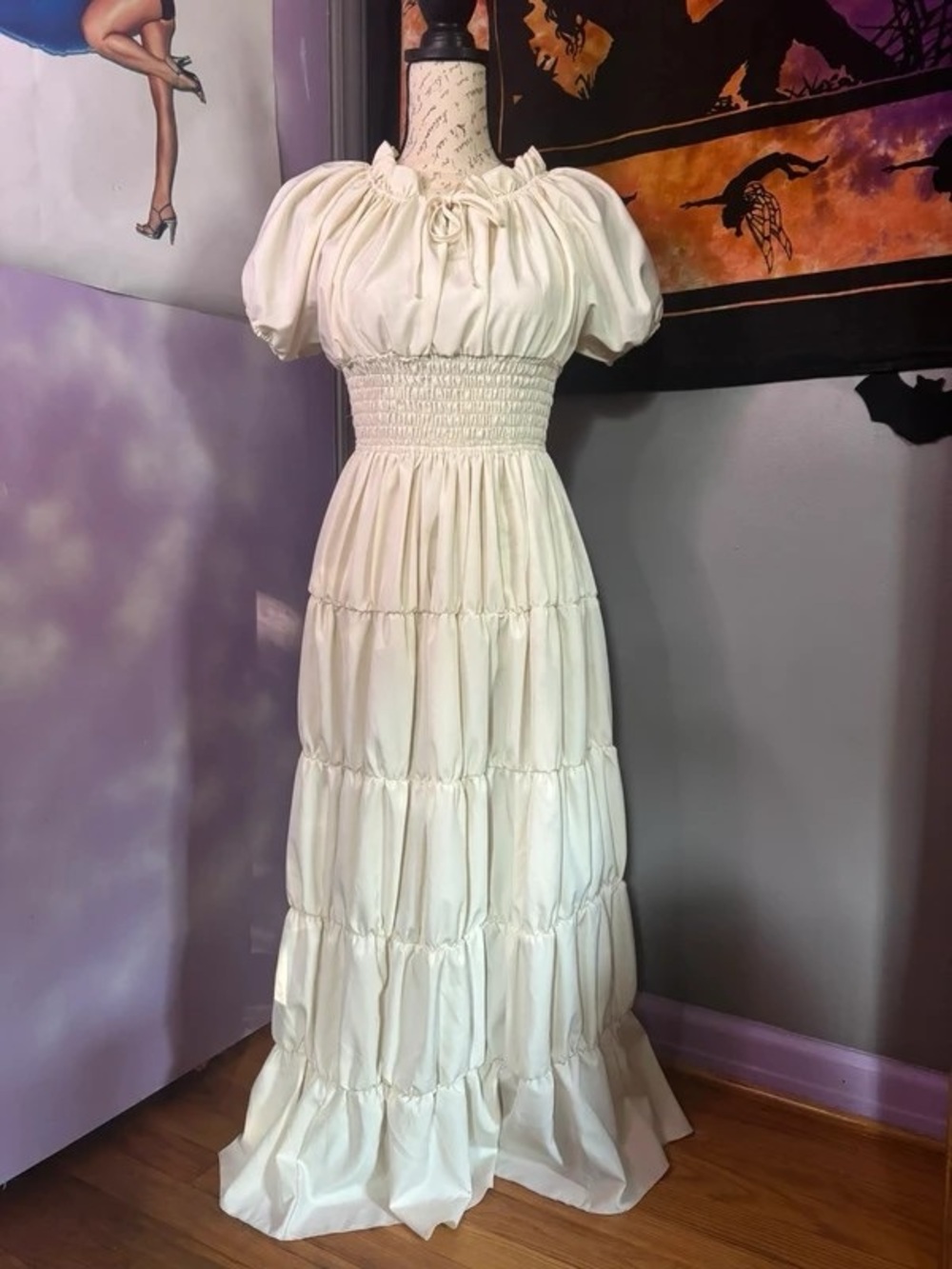 Ivory Smocked-Waist Puff Sleeve Tiered Maxi Dress